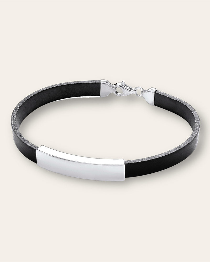 Black Leather Bracelet with Silver Plate