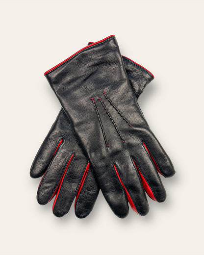 Cashmere Lined Leather Gloves With Red Piping