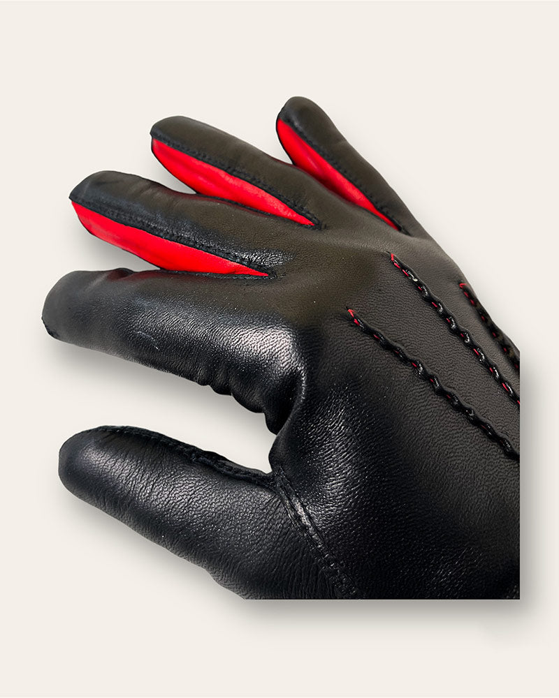 Cashmere Lined Leather Gloves With Red Piping