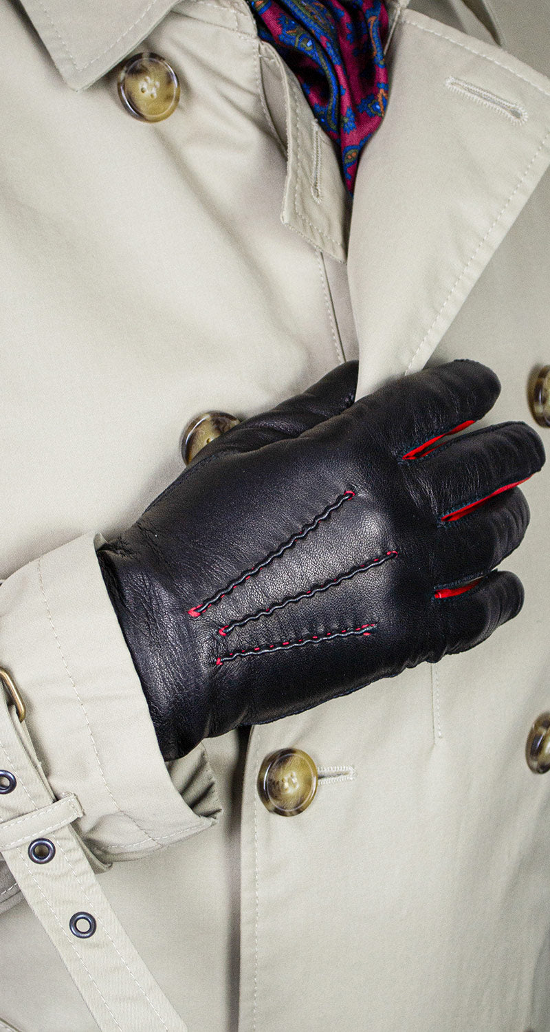 Cashmere Lined Leather Gloves With Red Piping