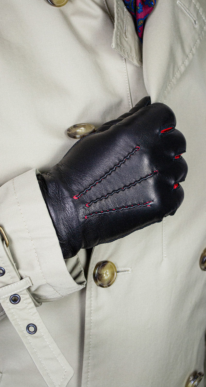 Cashmere Lined Leather Gloves With Red Piping