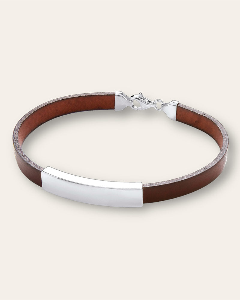 Brown Leather Bracelet with Silver Plate