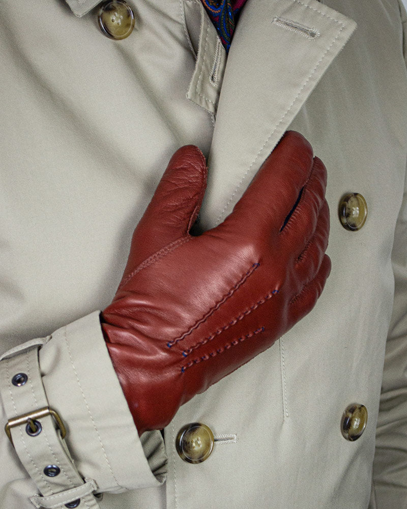 Cashmere Lined Leather Gloves With Midnight Blue Piping